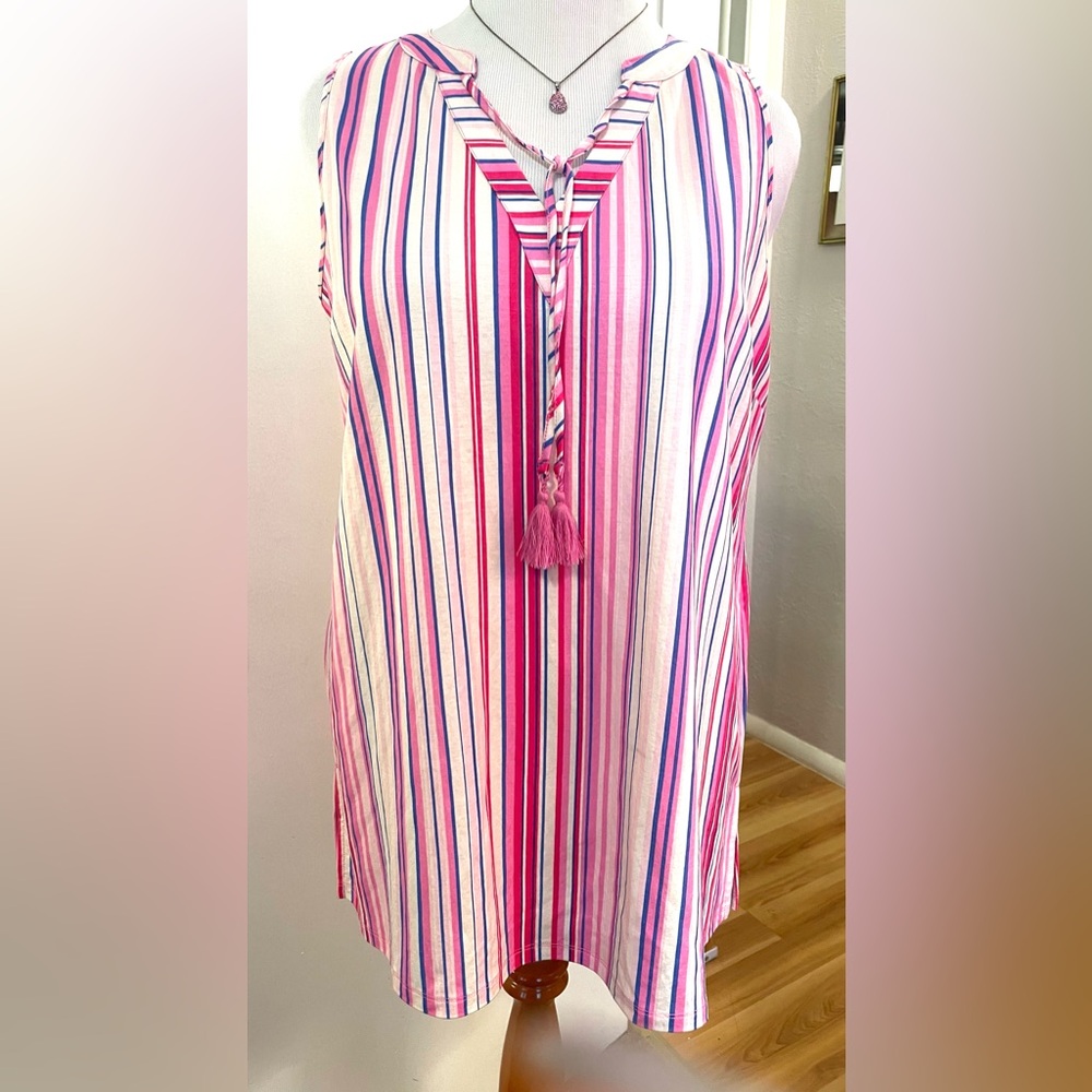 Belle Beach by Kim Gravel Striped Tunic Tank Top Pink Tie Tassels Size L